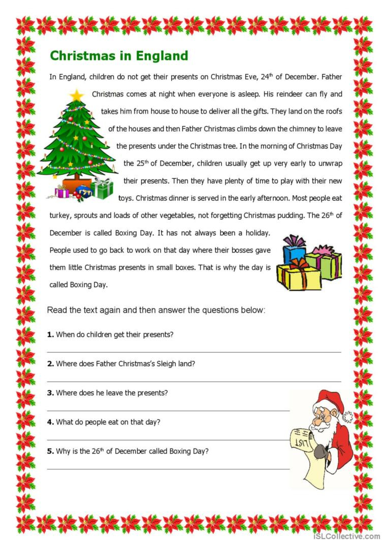 Christmas In England Reading For Det…: English Esl Worksheets Pdf with regard to December Reading Comprehension Worksheets