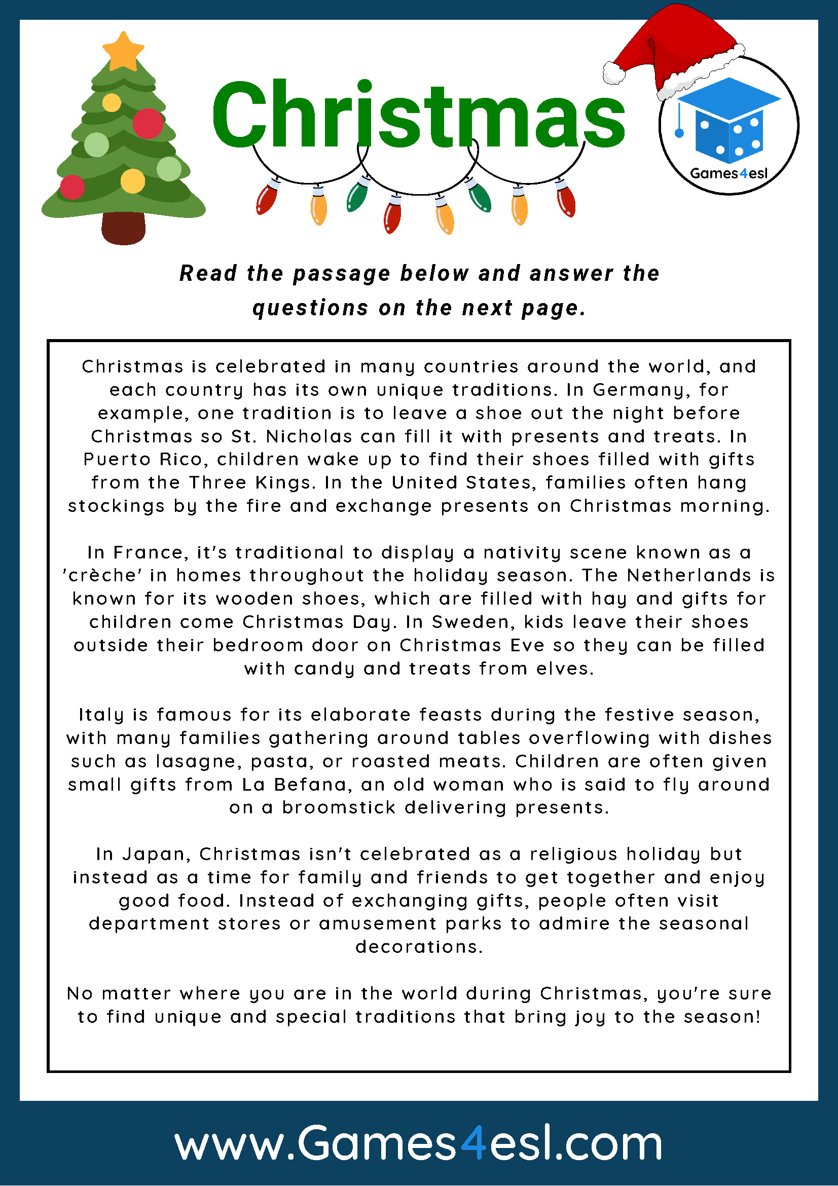 Christmas - Reading Comprehension Worksheet | Games4Esl inside Christmas Reading And Comprehension Worksheets