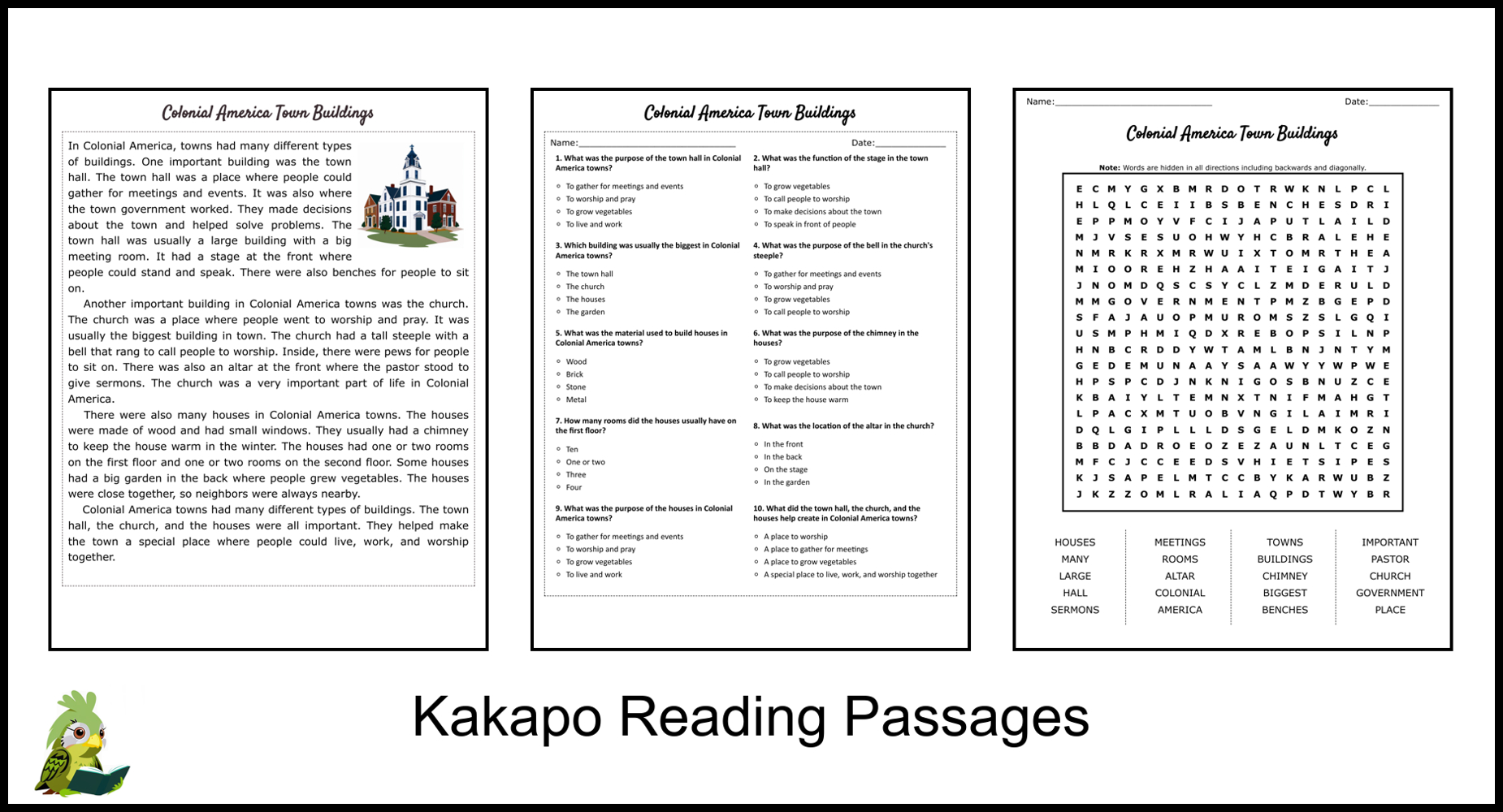 Colonial America Town Buildings Reading Comprehension And Word with Colonial America Reading Comprehension Worksheet