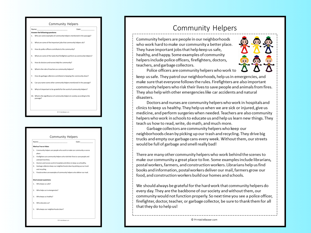 Community Helpers Reading Comprehension Passage Printable inside Community Reading Comprehension Worksheets