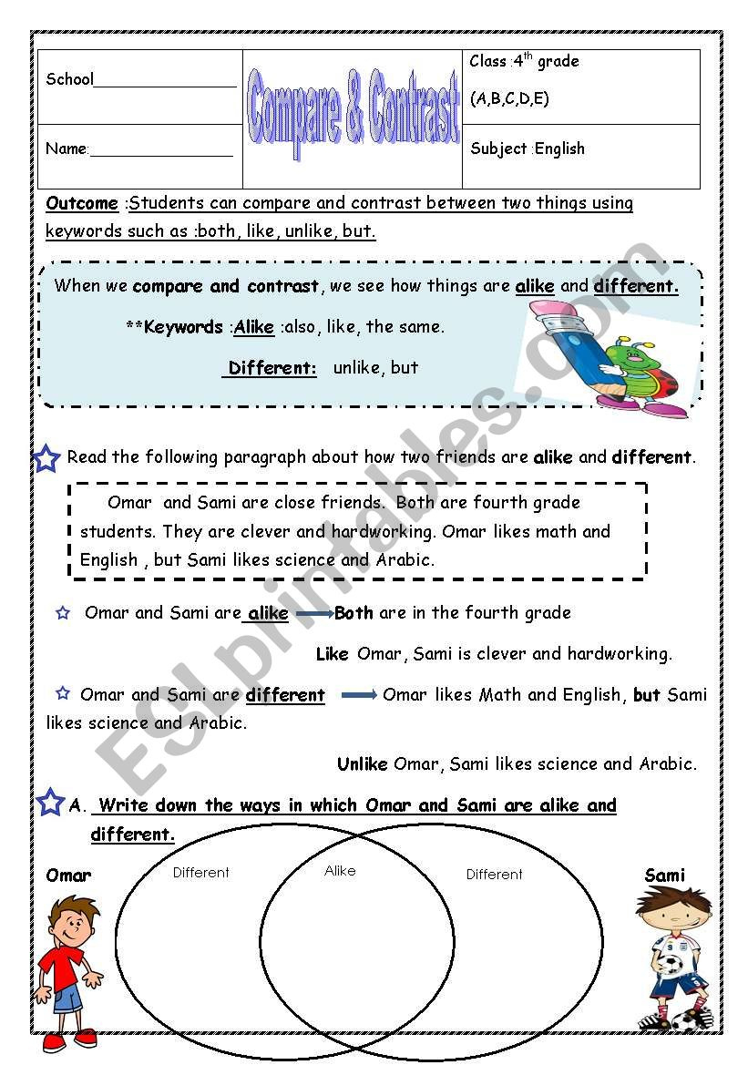 Compare &amp;amp; Contrast - Esl Worksheetmanar.k with regard to Reading Comprehension Compare And Contrast Worksheets