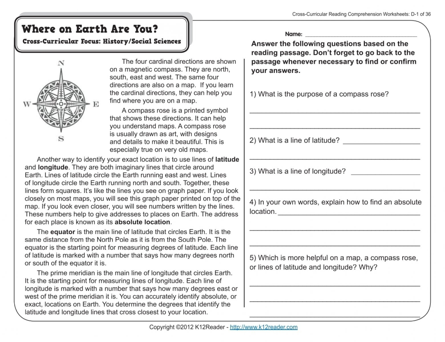 Compass Rose Lesson Worksheet within Cross Curricular Reading Comprehension Worksheets