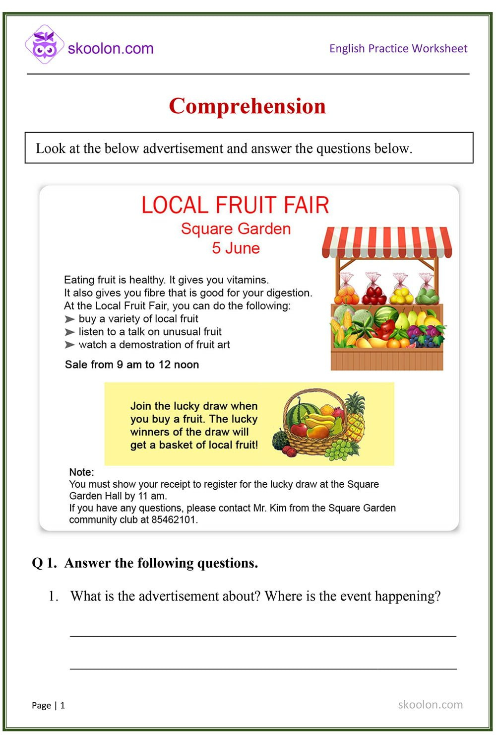 Comprehension - Local Fruit Fair - Skoolon regarding Reading Comprehension Advertisement Worksheet