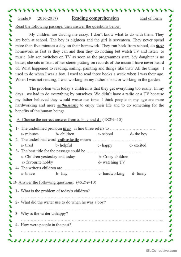 Comprehension Passage For Grade 9 Ge…: English Esl Worksheets Pdf in Reading Comprehension Worksheets 9Th Grade