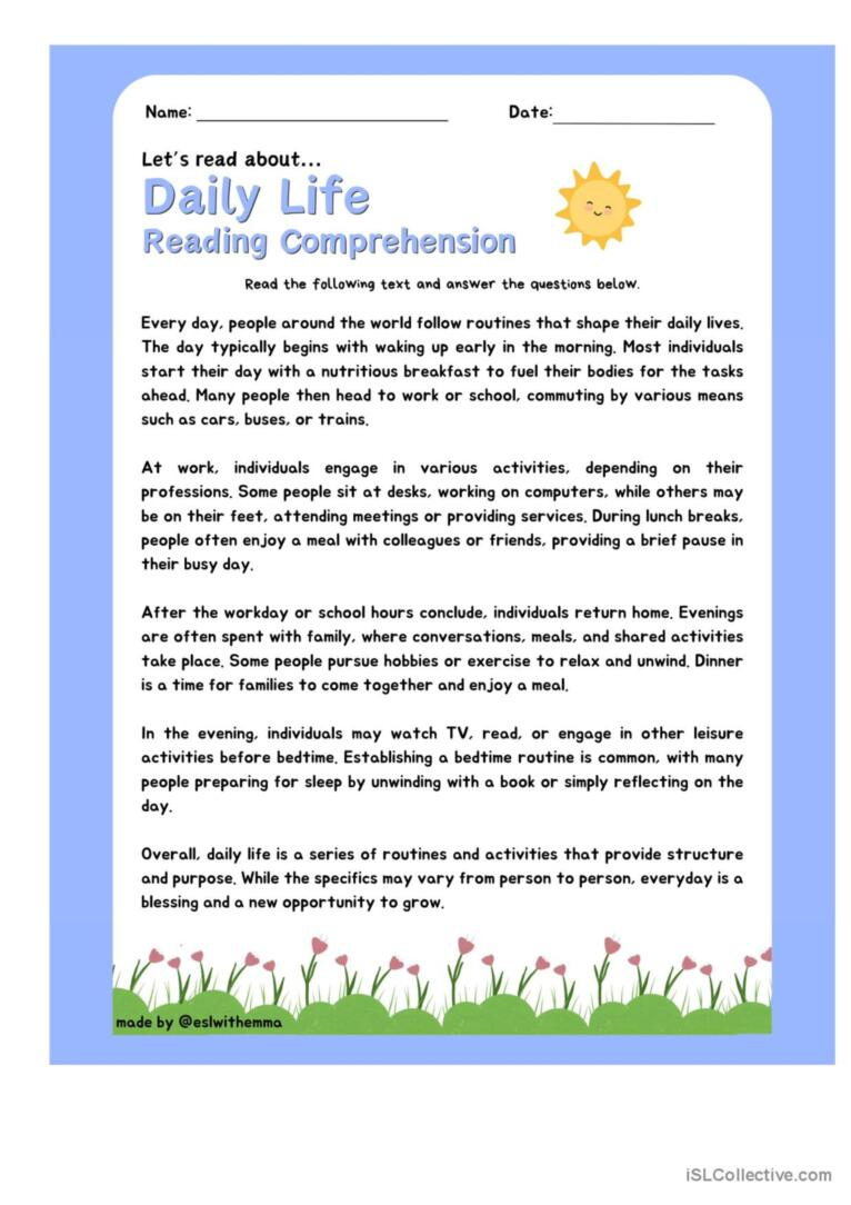 Daily Life Reading Comprehension Gen…: English Esl Worksheets Pdf within Real Life Reading Comprehension Worksheets