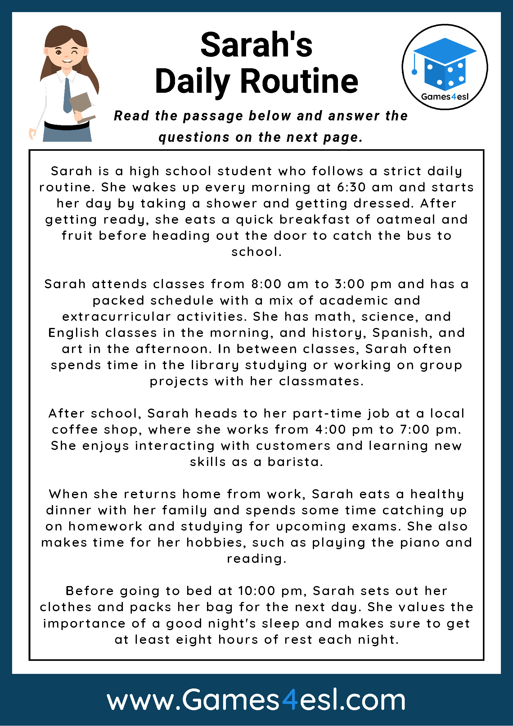Daily Routine - Reading Comprehension Worksheet | Games4Esl with regard to Reading Comprehension Worksheets Daily Routines