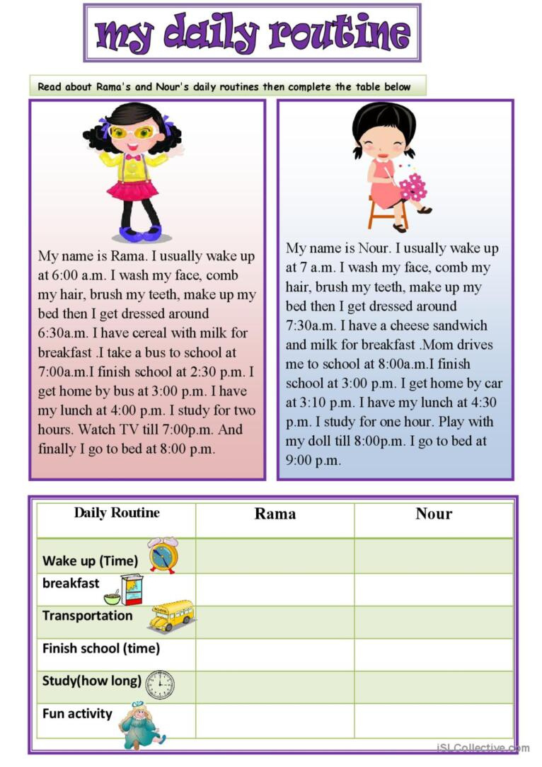 Daily Routine Reading For Detail (De…: English Esl Worksheets Pdf with Reading Comprehension Worksheets Daily Routines