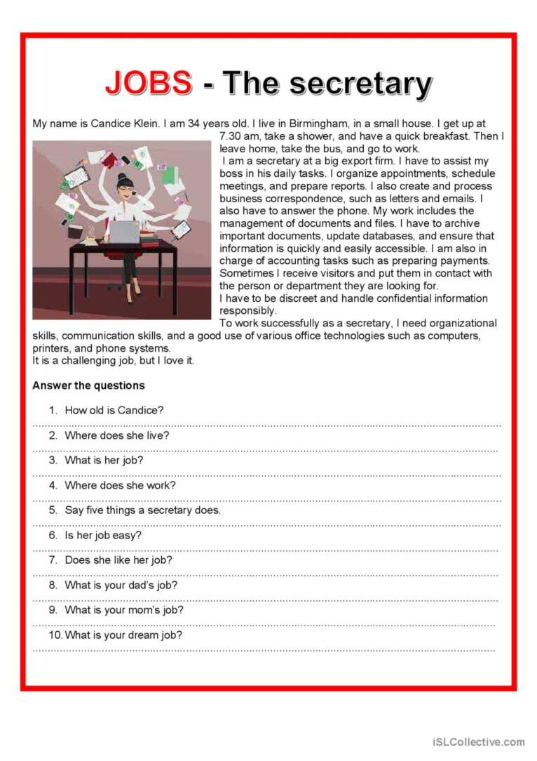 Easy Reading - Jobs - The Secretary…: English Esl Worksheets Pdf &amp;amp; Doc in Reading Comprehension Worksheets About Jobs