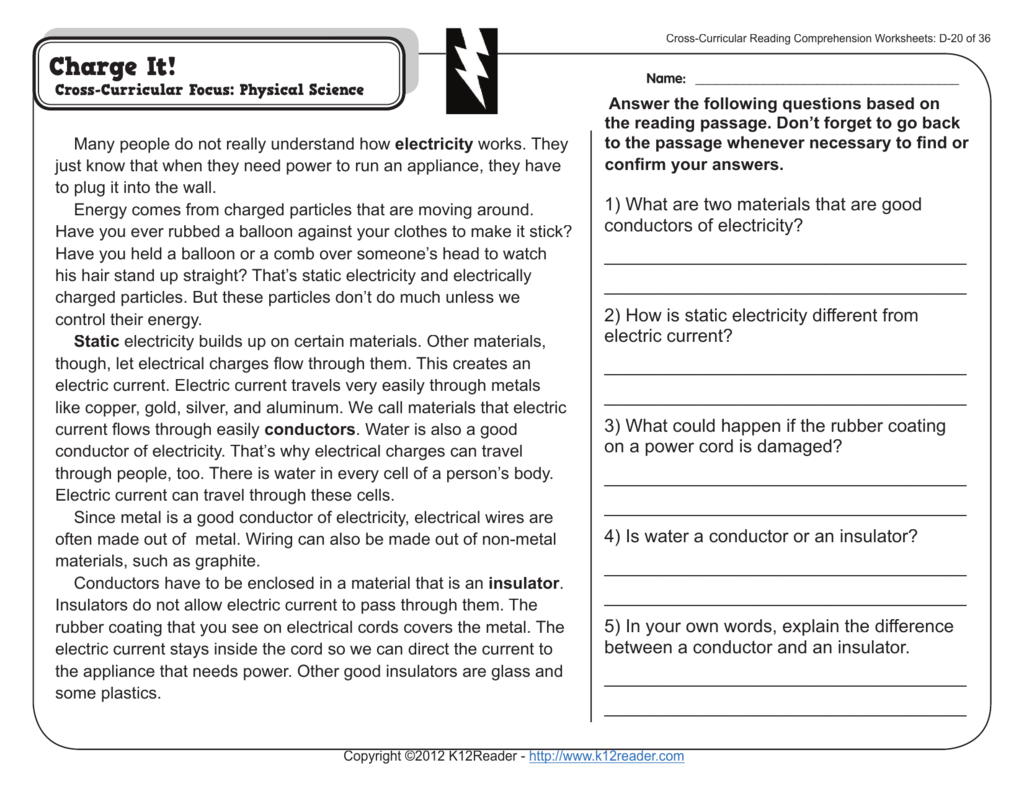 Electricity: Conductors &amp;amp; Insulators Worksheet inside Cross Curricular Reading Comprehension Worksheets