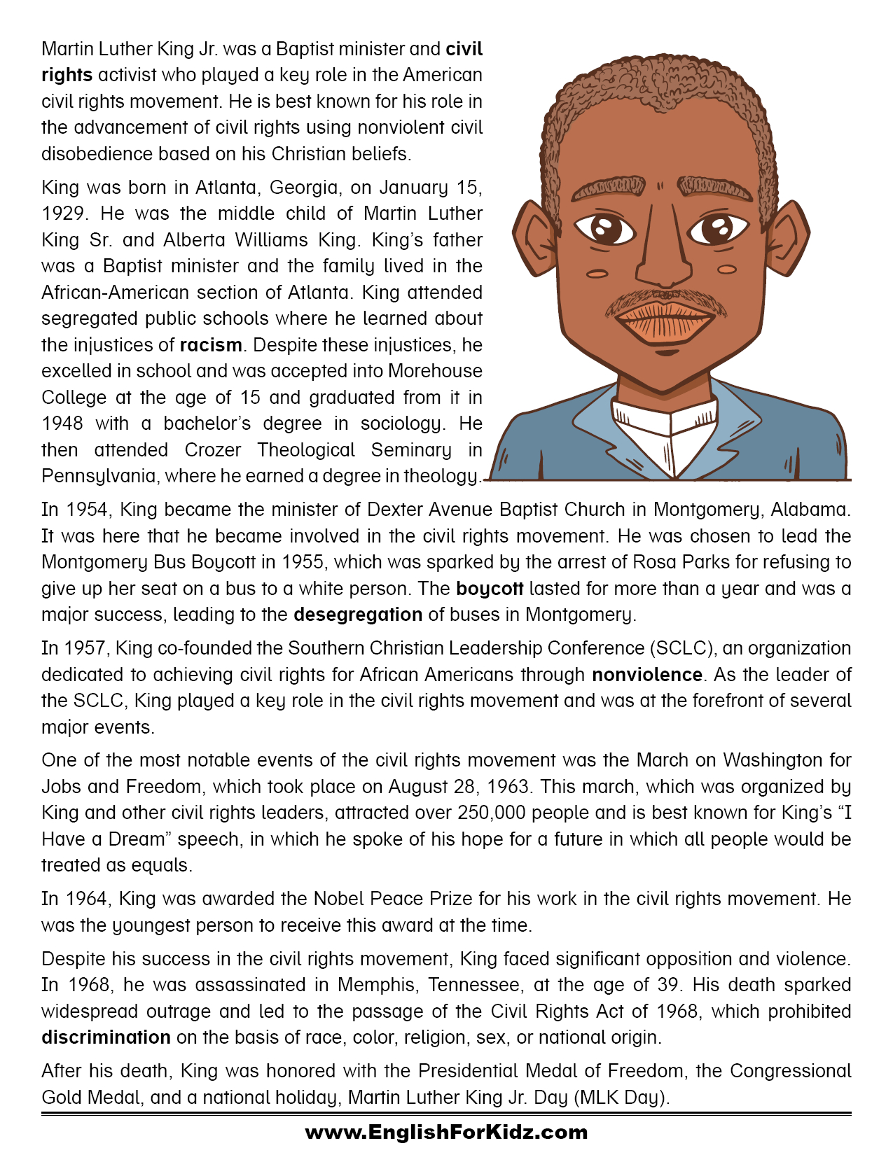 English For Kids Stepstep: Martin Luther King Jr. Day regarding Free Martin Luther King Jr Reading Comprehension Worksheets