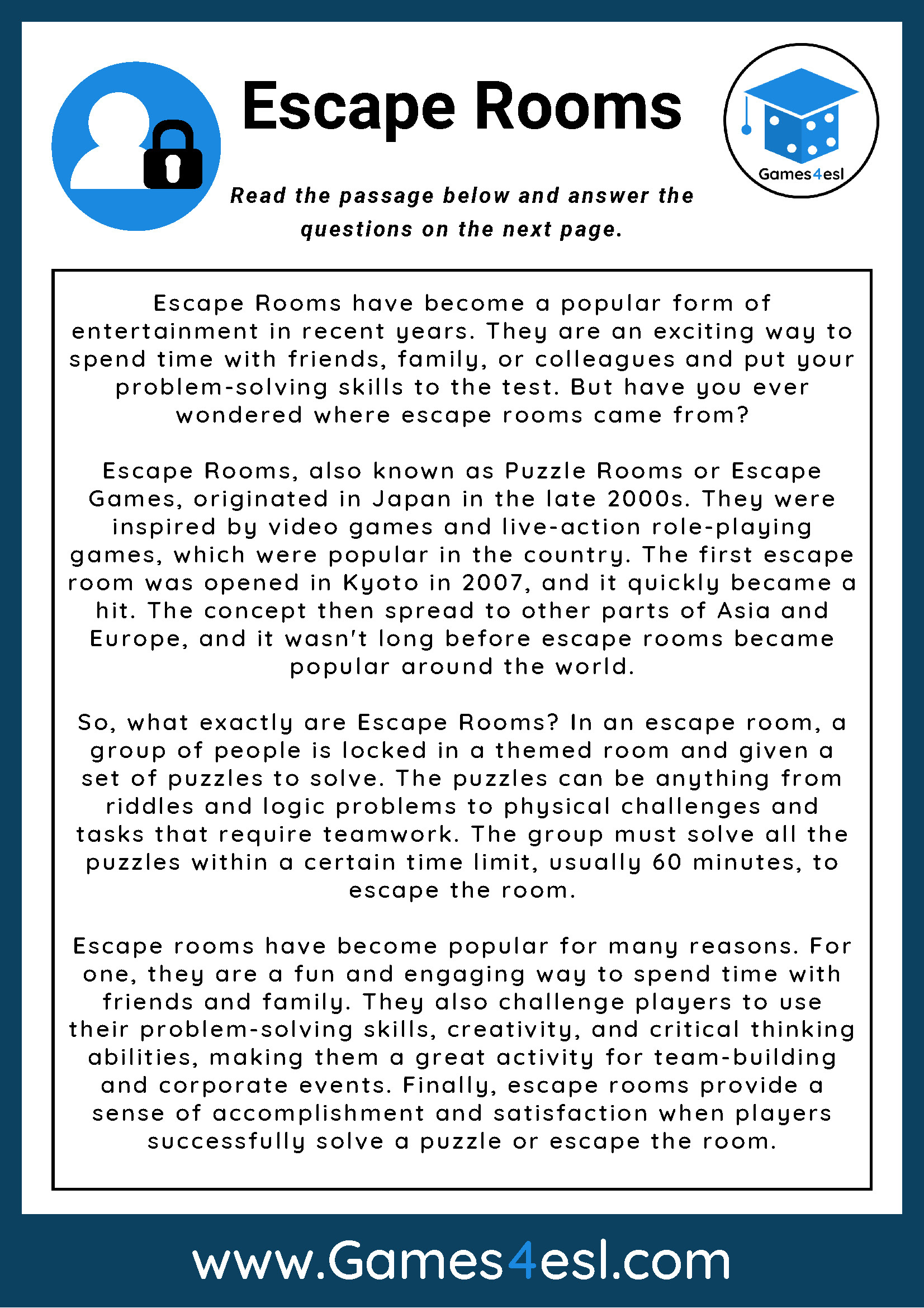 Escape Rooms Reading Comprehension Worksheet | Games4Esl with regard to Challenging Reading Comprehension Worksheets