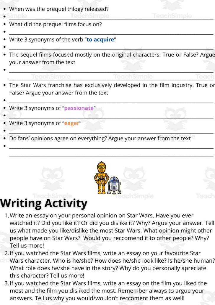 Star Wars Reading Comprehension Worksheets