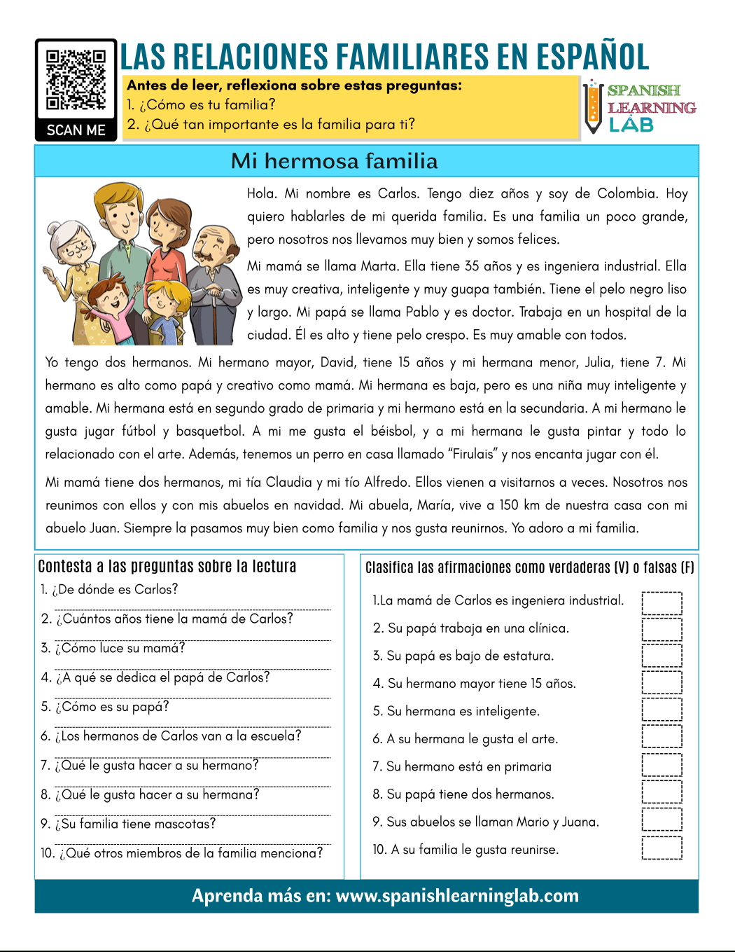 Family Relationships In Spanish - Pdf Worksheet - Spanish Learning Lab pertaining to Advanced Spanish Reading Comprehension Worksheets