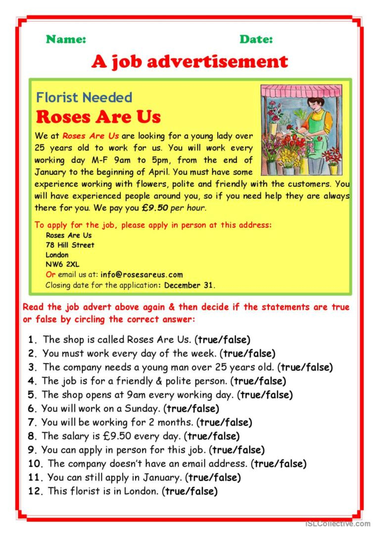 Florist Job Advertisement Reading Fo…: English Esl Worksheets Pdf inside Reading Comprehension Advertisement Worksheet