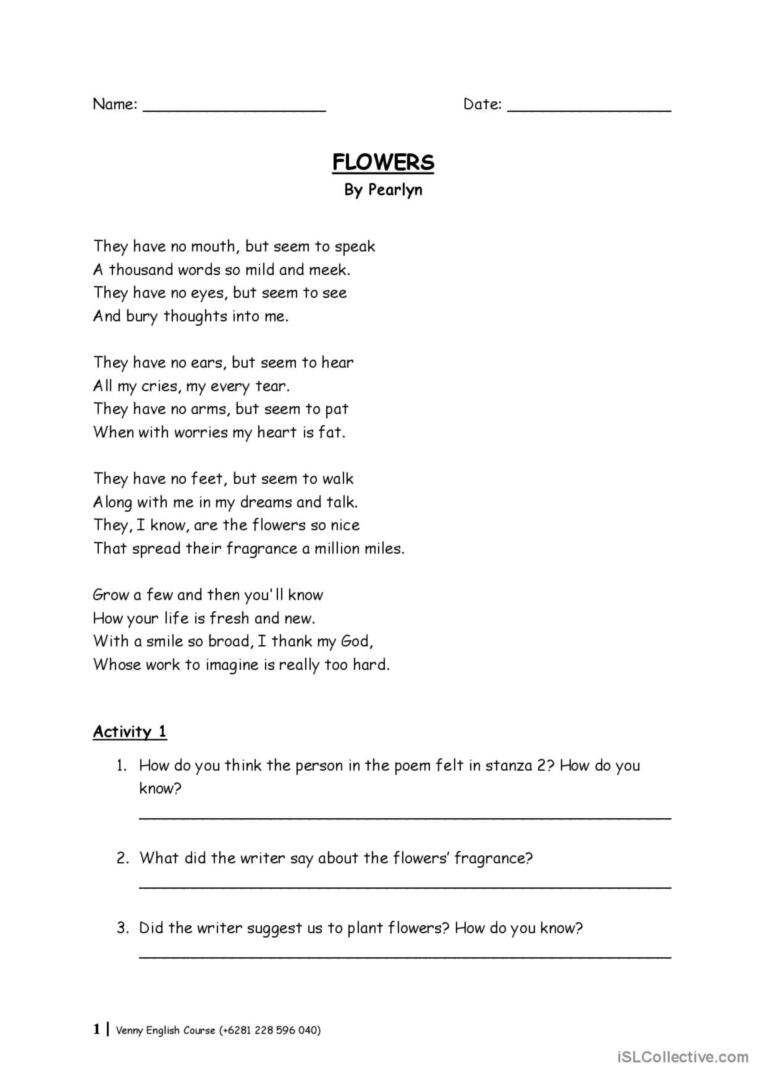 Flowers - Poetry Reading Comprehensi…: English Esl Worksheets Pdf throughout Poetry Reading Comprehension Worksheets