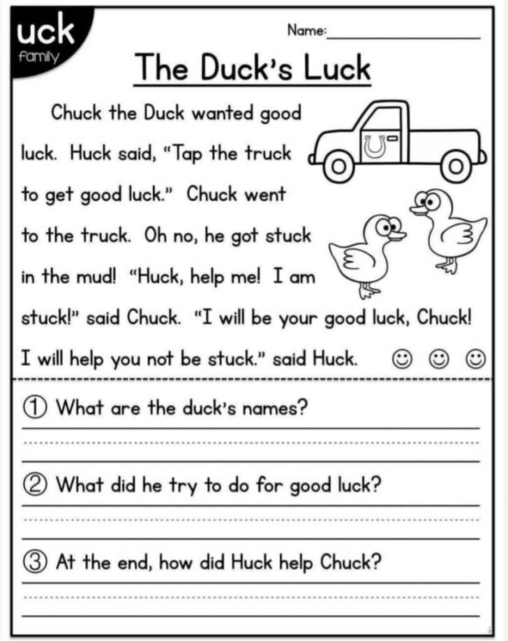 Reading Comprehension Worksheet For Kindergarten Printable