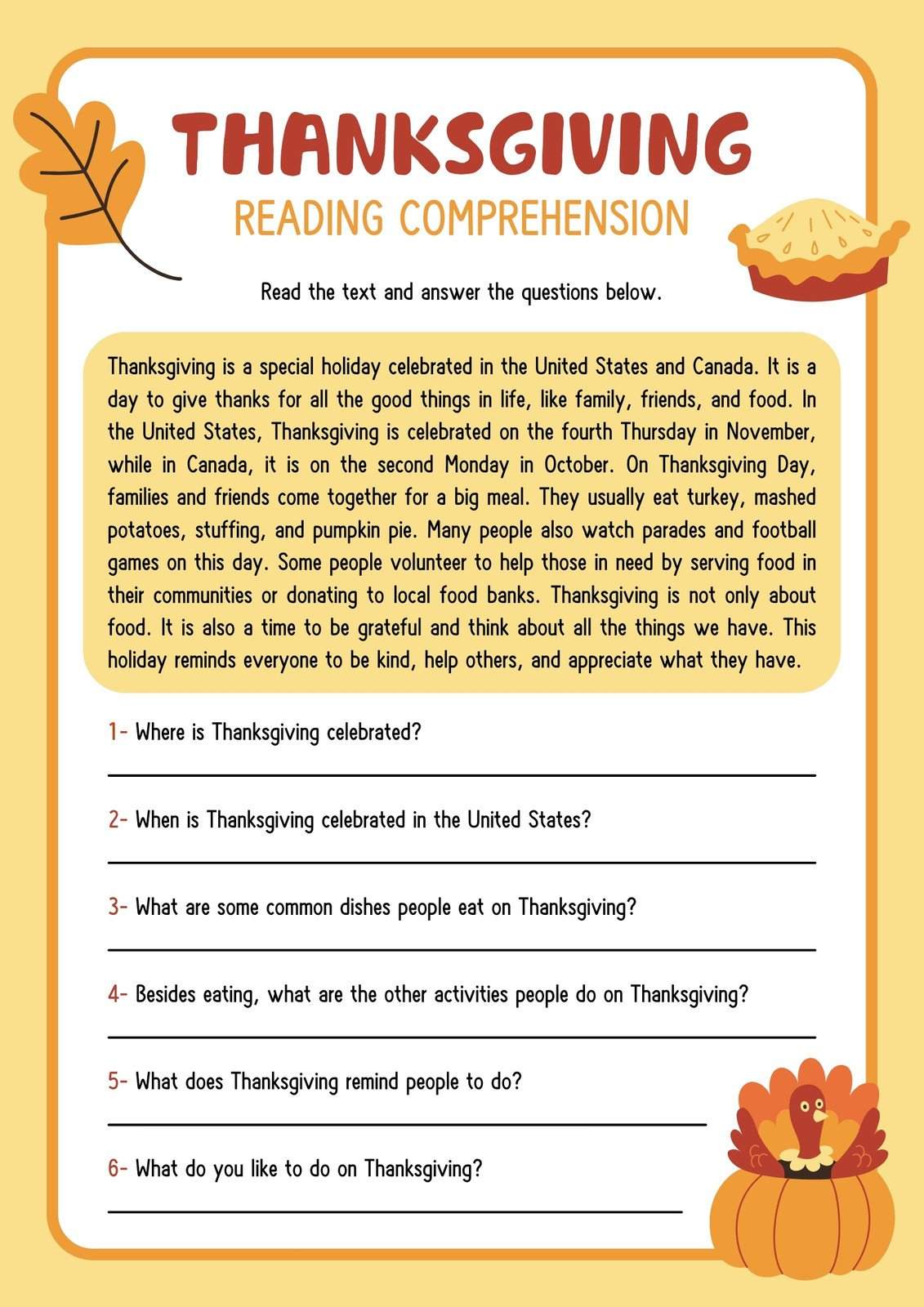 Free Printable Thanksgiving Worksheet Templates | Canva throughout Free Printable Thanksgiving Reading Comprehension Worksheets