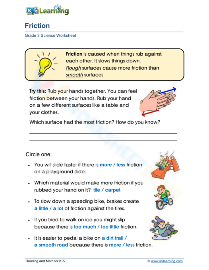 Friction Reading Comprehension Worksheets