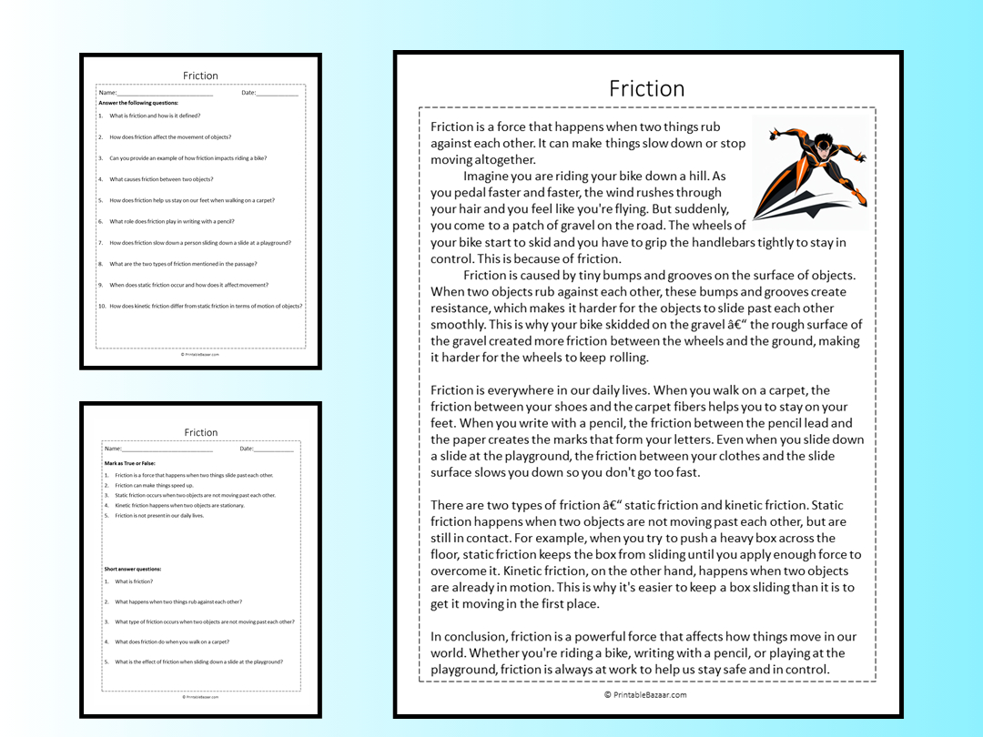 Friction Reading Comprehension Passage Printable Worksheet with Friction Reading Comprehension Worksheets
