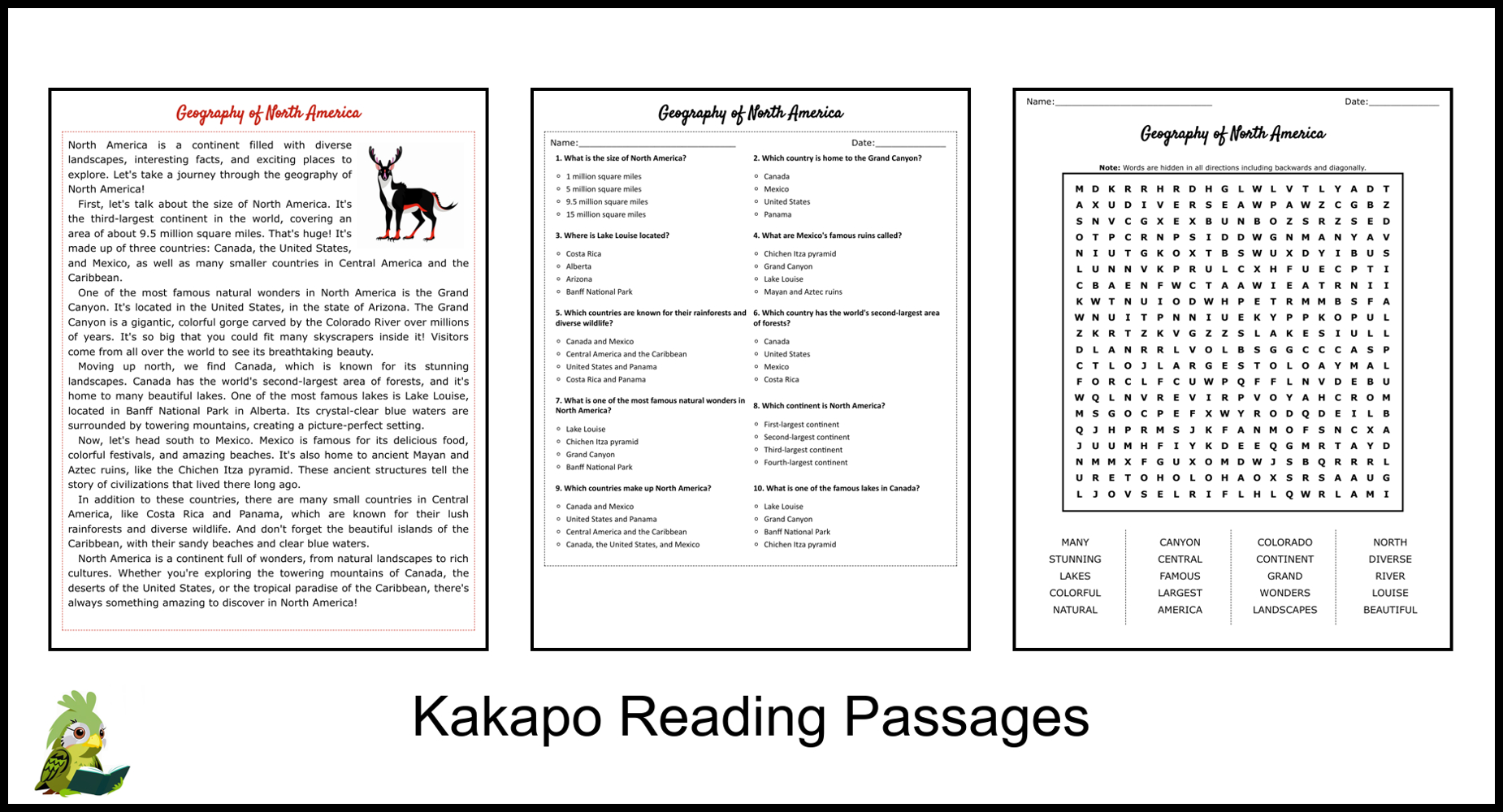 Geography Of North America Reading Comprehension And Word Search with regard to Geography Reading Comprehension Worksheets