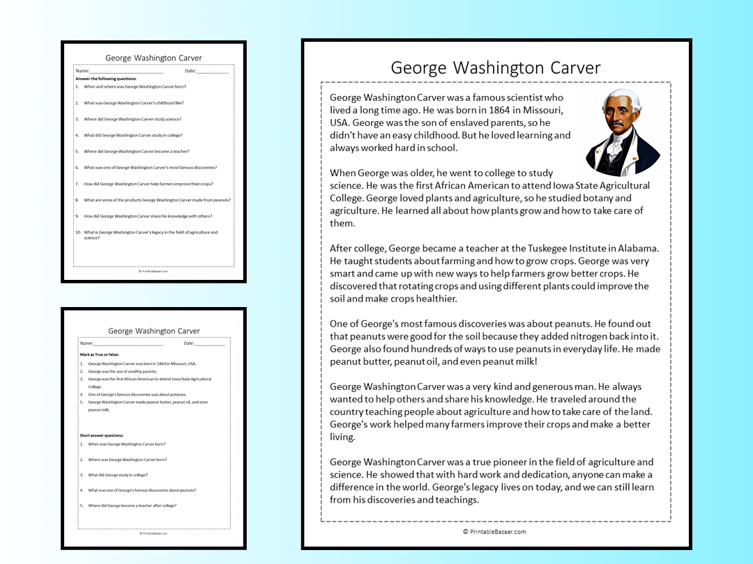 George Washington Carver Reading Comprehension Passage Printable in George Washington Carver Reading Comprehension Worksheets