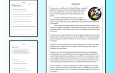 Gravity Reading Comprehension Passage Printable Worksheet intended for Gravity Reading Comprehension Worksheet