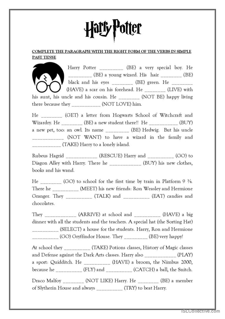 Harry Potter Meets The Past Tense Ge…: English Esl Worksheets Pdf pertaining to Harry Potter Reading Comprehension Worksheets