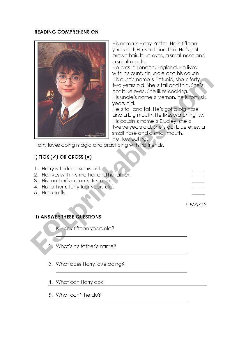 Harry Potter. Reading Comprehension - Esl Worksheetnaty10503 in Harry Potter Reading Comprehension Worksheets