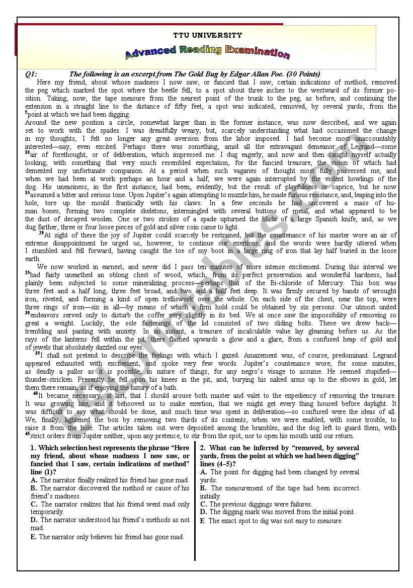 High-Level Advanced Reading Exam - Esl Worksheetyasseralsaoud with regard to Reading Comprehension Worksheets Advanced