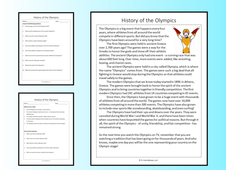 Olympics Reading Comprehension Worksheets
