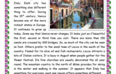 Holidays In Italy Reading For Detail…: English Esl Worksheets Pdf with Italy Reading Comprehension Worksheets