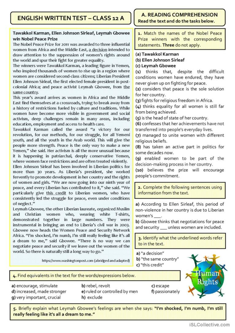 Human Rights - B2/C1Test (12Th Grade…: English Esl Worksheets Pdf throughout 12th Grade Reading Comprehension Worksheets