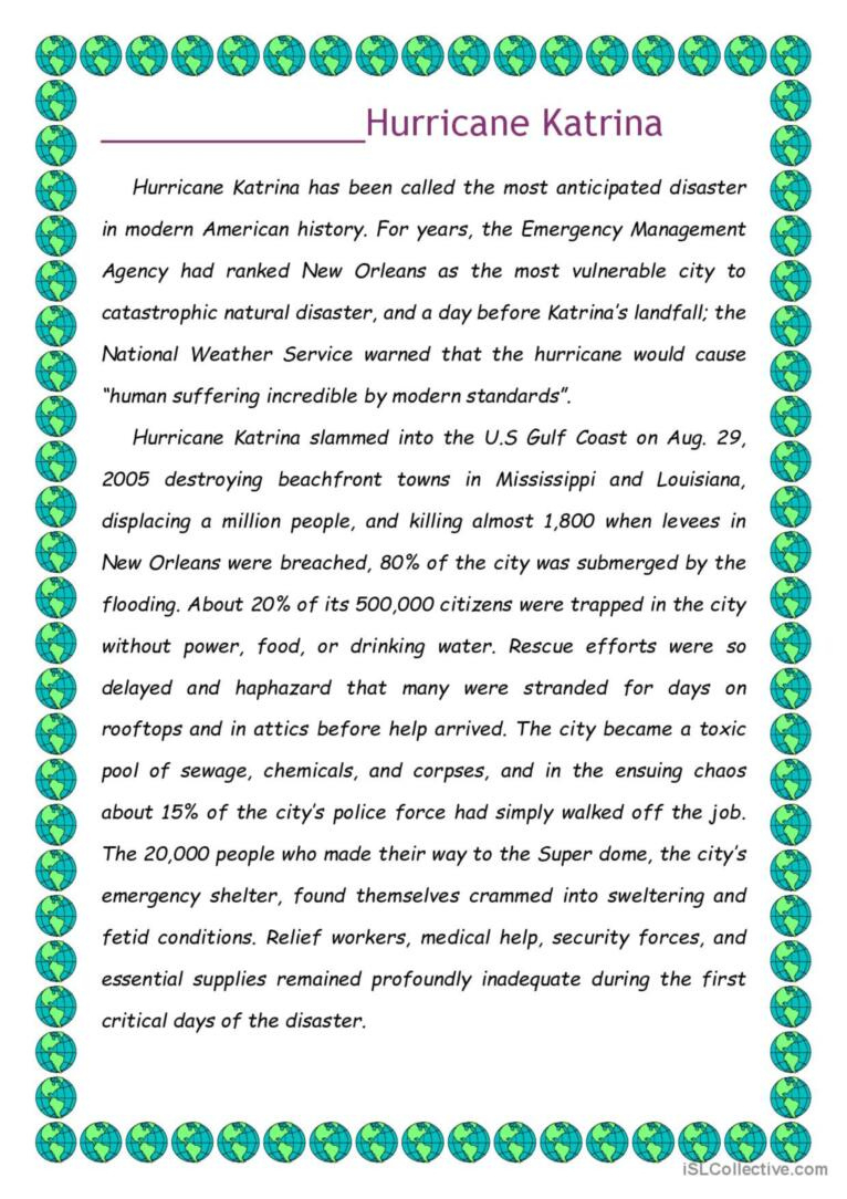 Hurricane Katrina. Reading For Detai…: English Esl Worksheets Pdf regarding Hurricane Reading Comprehension Worksheet