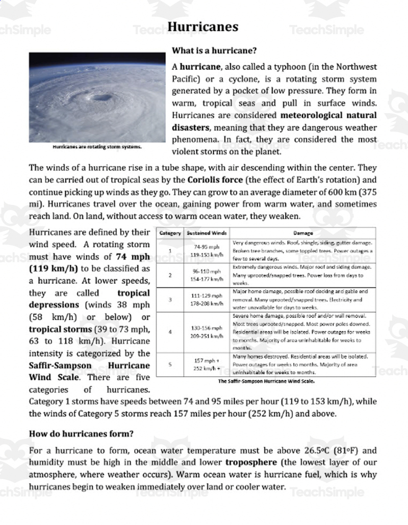 Hurricanes Reading Comprehension Articleteach Simple with Hurricane Reading Comprehension Worksheet