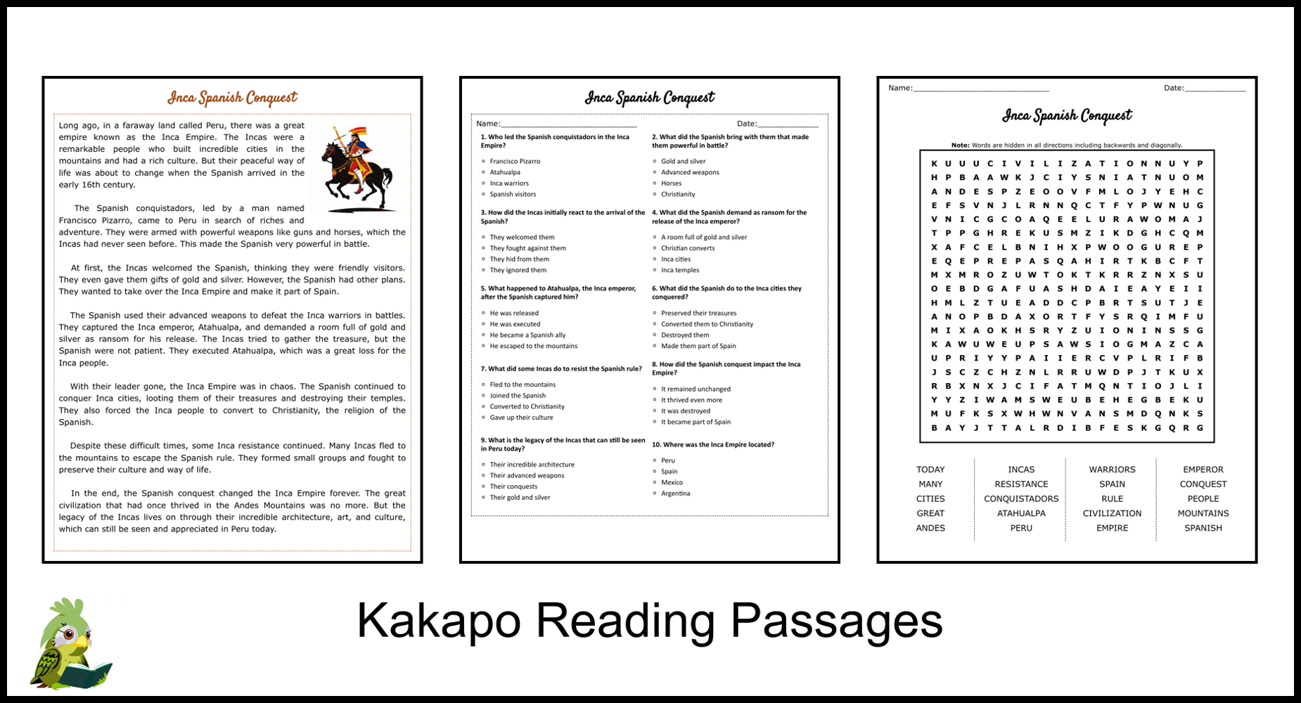 Inca Spanish Conquest Reading Comprehension And Word Search regarding Advanced Spanish Reading Comprehension Worksheets