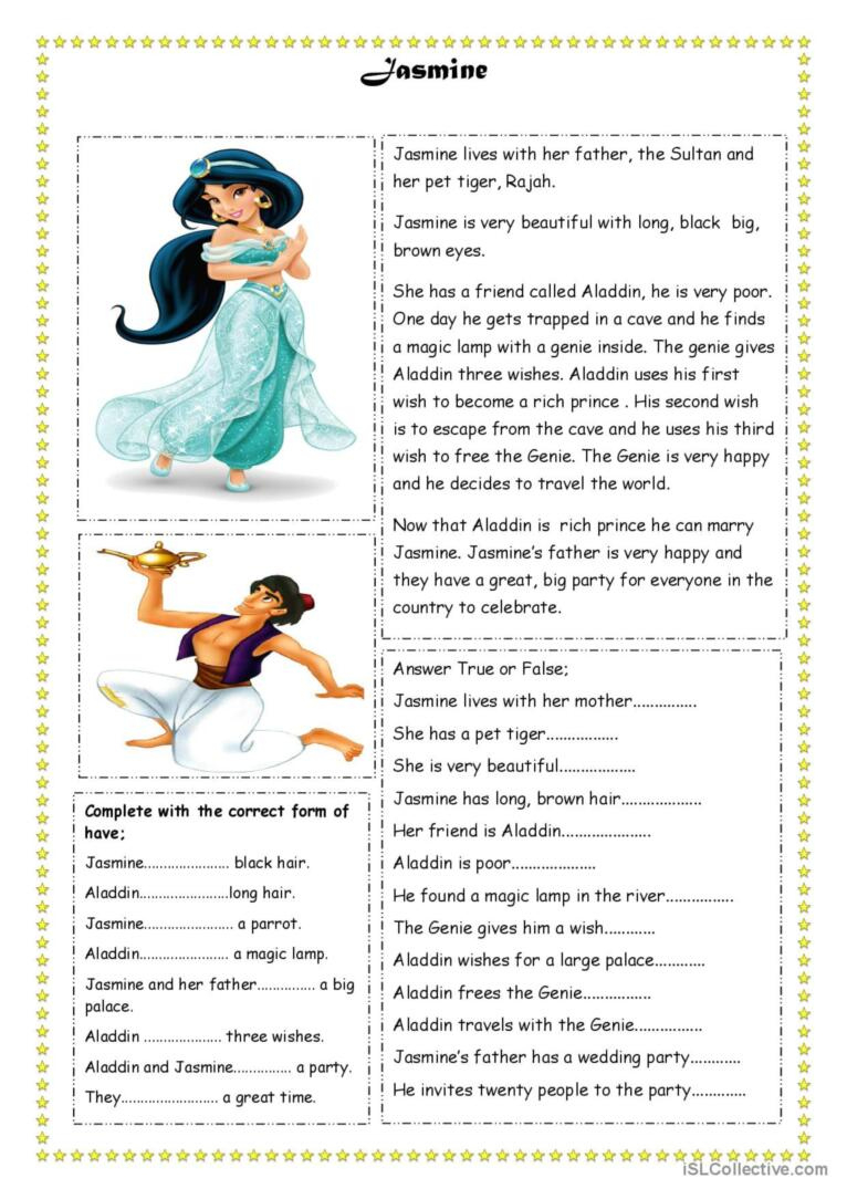 Jasmine Reading For Detail (Dee…: English Esl Worksheets Pdf &amp;amp; Doc throughout Walt Disney Reading Comprehension Worksheet Doc