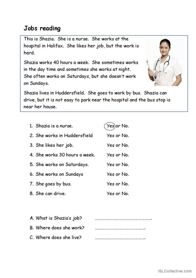 Jobs Reading Comprehension For Begin…: English Esl Worksheets Pdf pertaining to Reading Comprehension Worksheets About Jobs