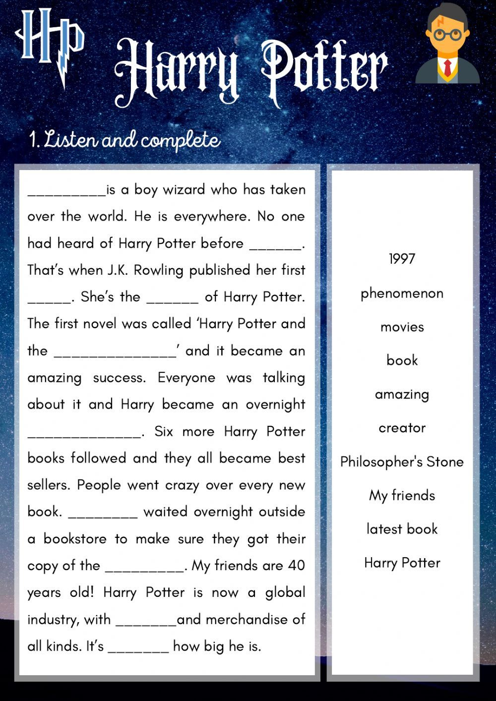 Listening: Harry Potter Worksheet pertaining to Harry Potter Reading Comprehension Worksheets