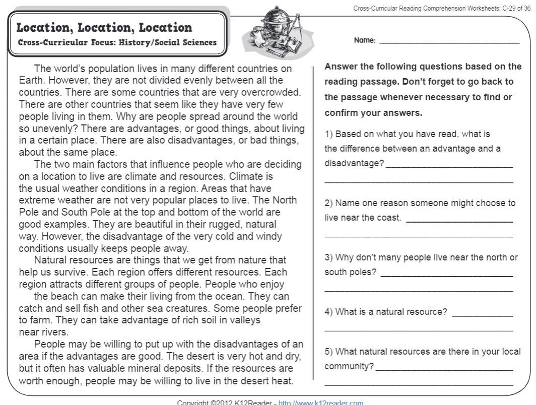 Location, Location, Location | 3Rd Grade Reading Comprehension with regard to Cross Curricular Reading Comprehension Worksheets Answers