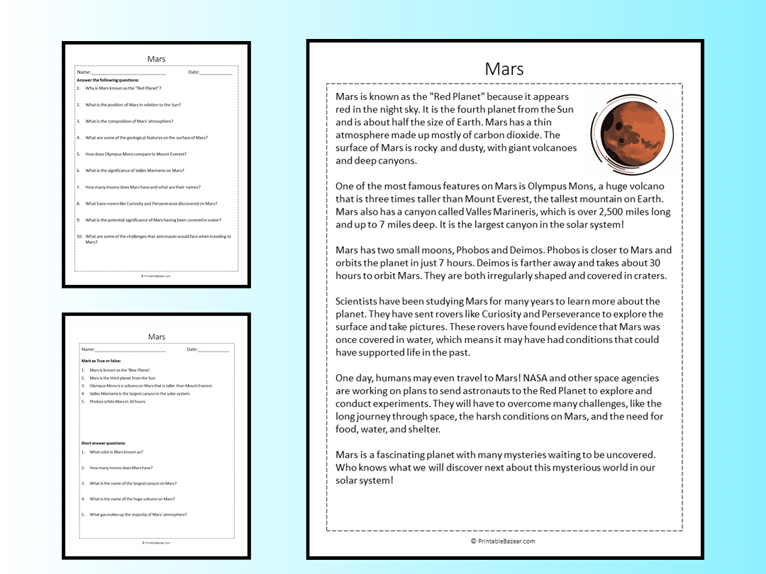 Mars Reading Comprehension Passage Printable Worksheet | Teaching with Mars Reading Comprehension Worksheet