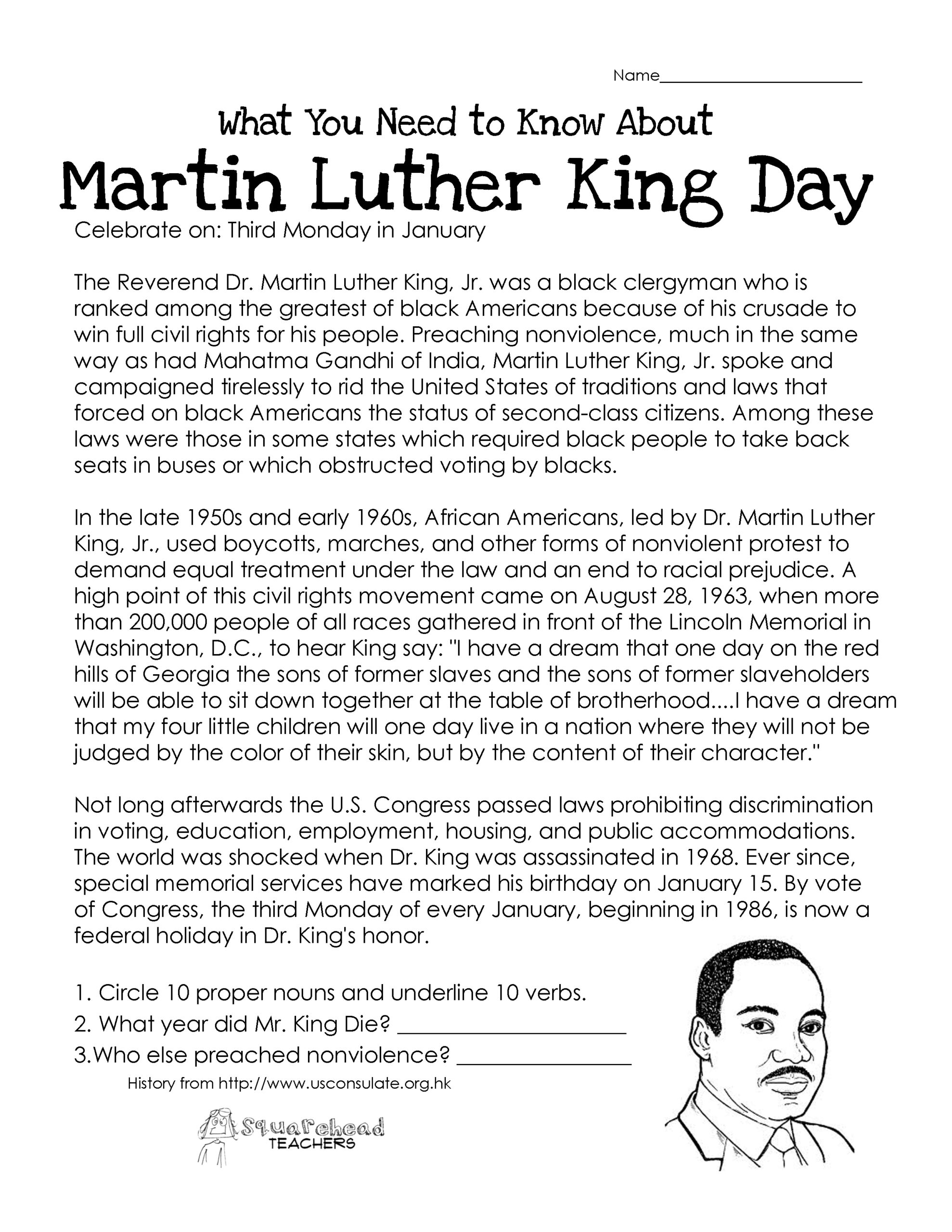 Martin Luther King Day (Free Worksheet) | Squarehead Teachers for Free Martin Luther King Jr Reading Comprehension Worksheets