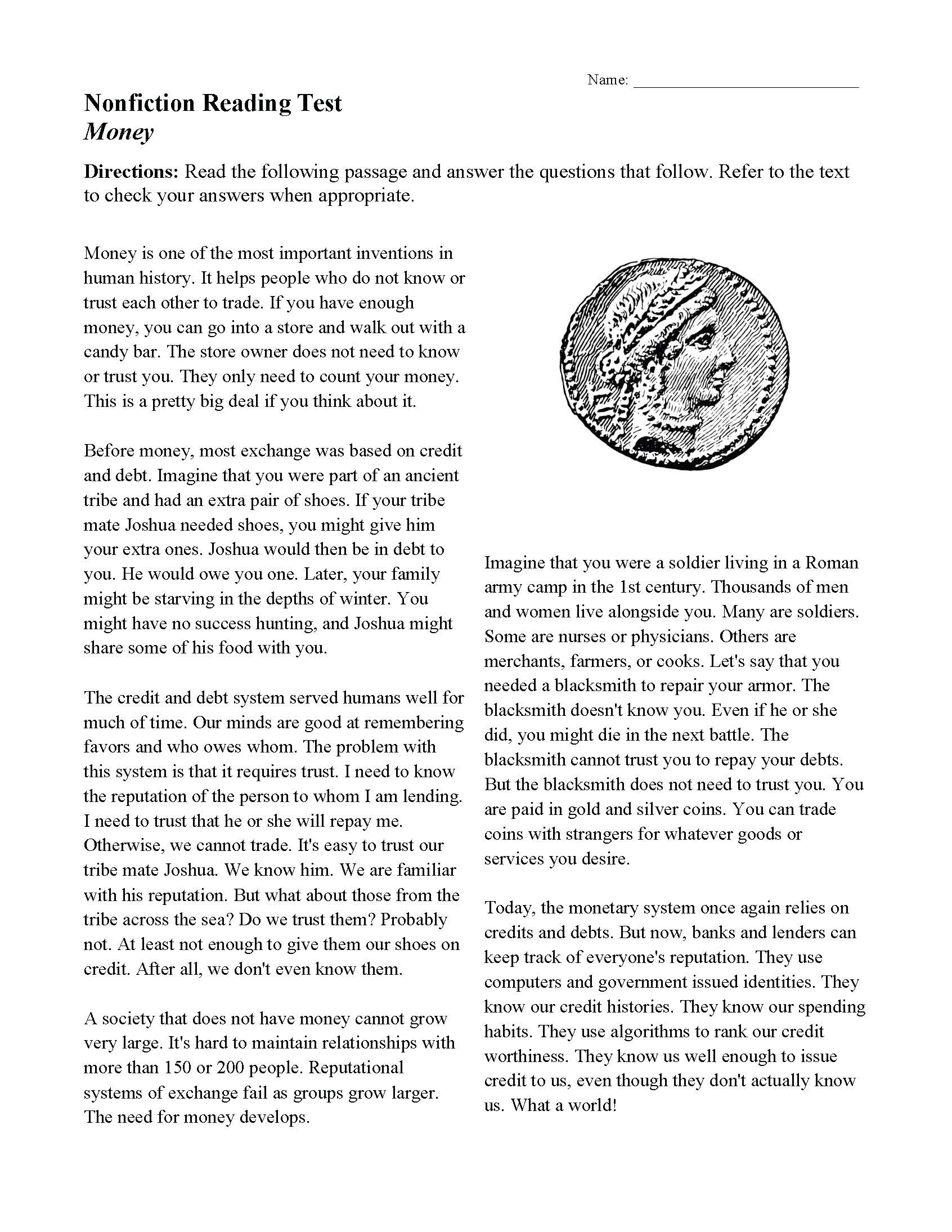 Money | Nonfiction Reading Activity regarding Money Reading Comprehension Worksheets