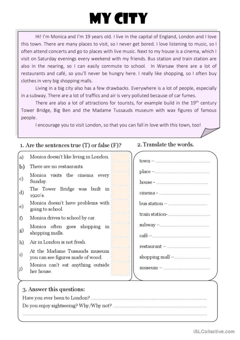 My Town - Reading + Vocabulary Readi…: English Esl Worksheets Pdf pertaining to Reading Comprehension And Vocabulary Worksheets