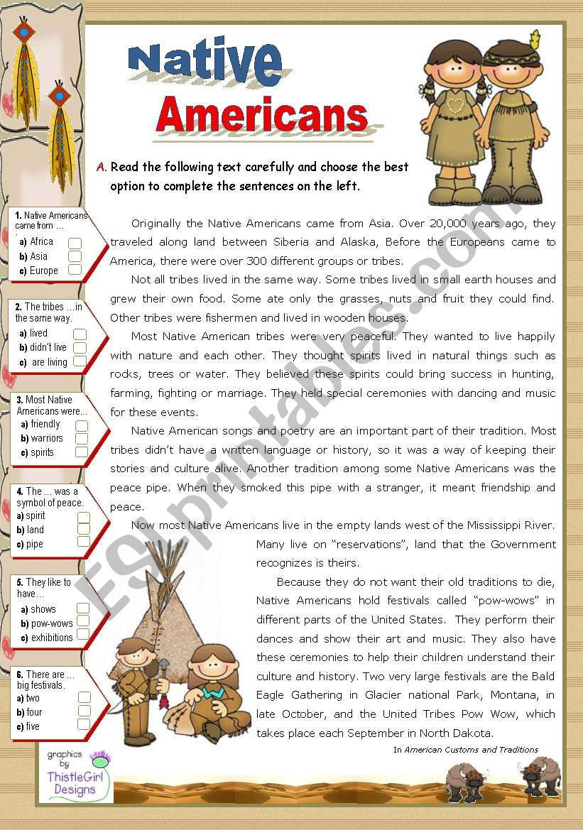 Native Americans - Reading For Upper Elementary &amp;amp; Lower with Native American Reading Comprehension Worksheets