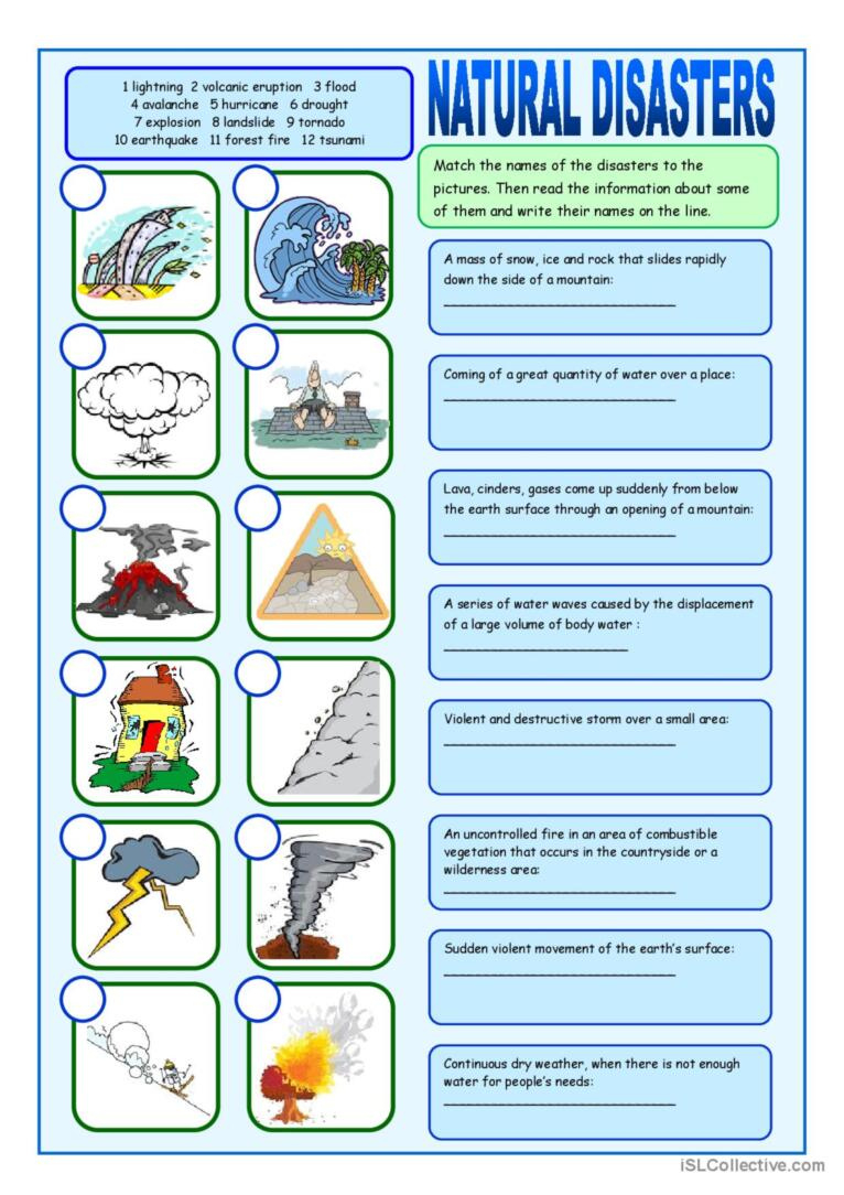 Natural Disasters Matching Exercises…: English Esl Worksheets Pdf inside Natural Disasters Reading Comprehension Worksheets
