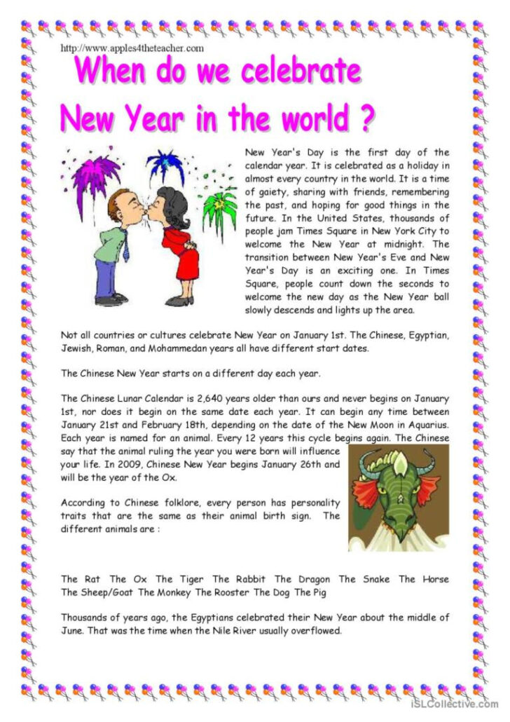 New Year Comprehension Reading Worksheet