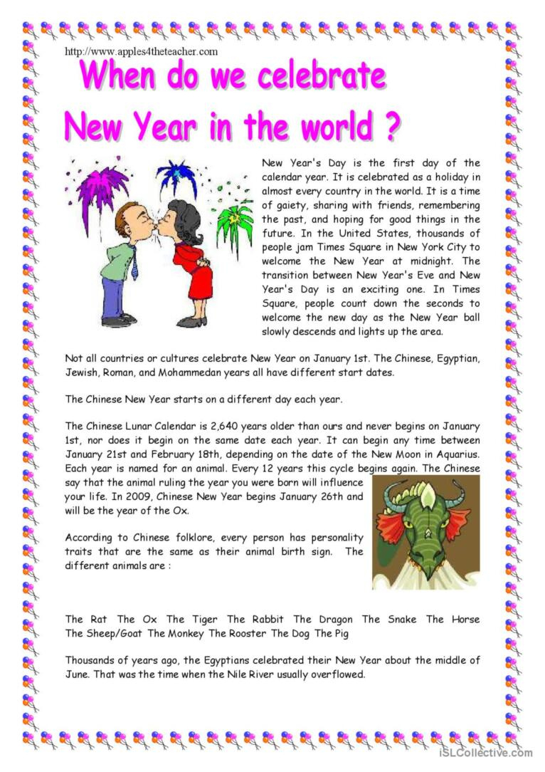 New Year Reading For Detail (Dee…: English Esl Worksheets Pdf &amp;amp; Doc regarding New Year Comprehension Reading Worksheet