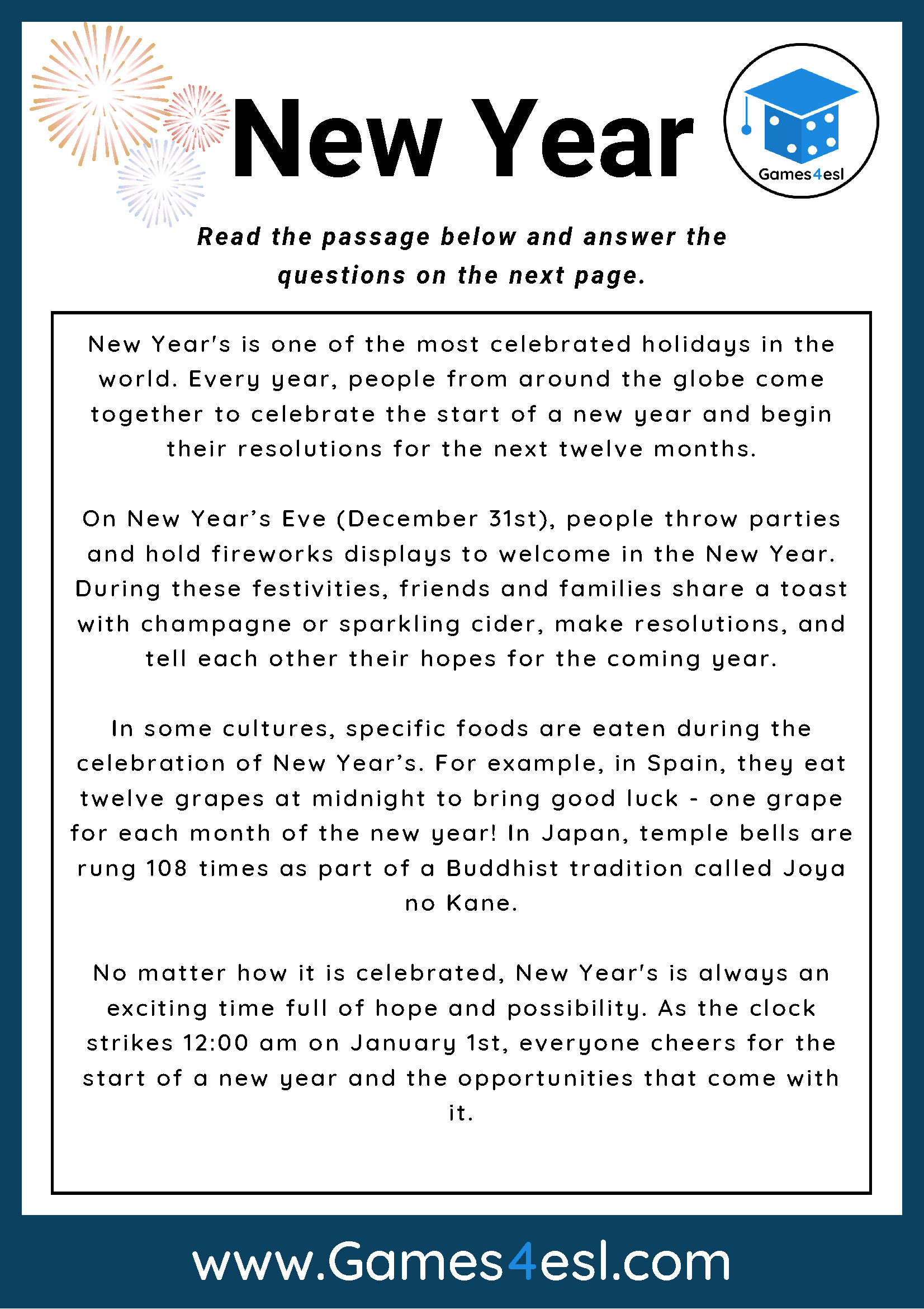 New Years - Reading Comprehension Worksheet | Games4Esl throughout New Year Comprehension Reading Worksheet