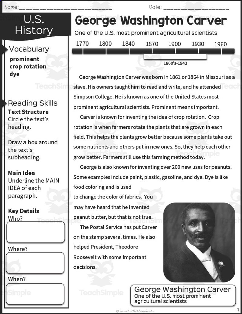 Nonfiction Reading Packet: George Washington Carverteach Simple intended for George Washington Carver Reading Comprehension Worksheets