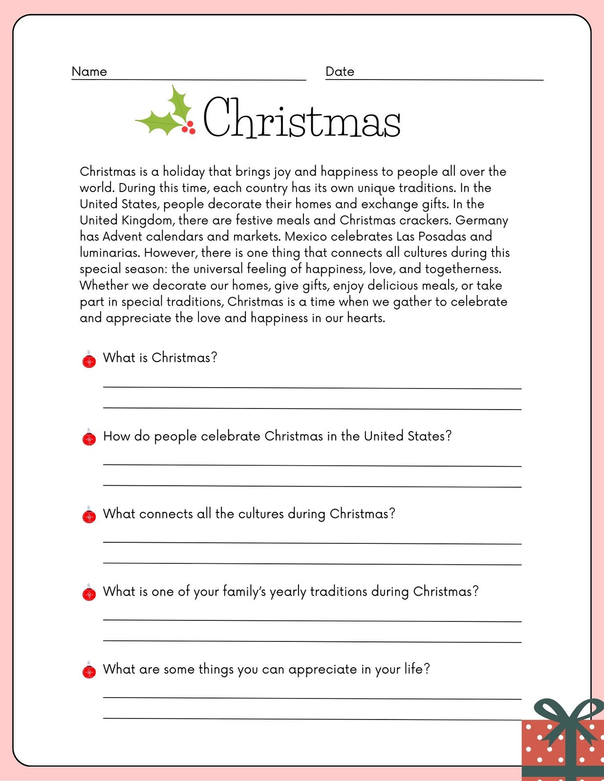 Page 4 - Free, Editable Christmas Worksheet Templates | Canva throughout Christmas Holiday Reading Comprehension Worksheets Free